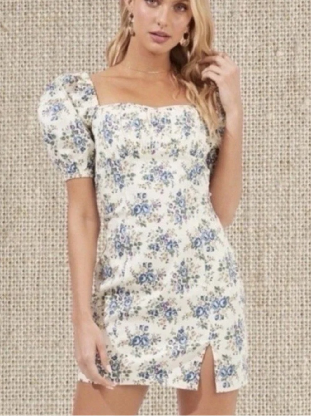 Astr Cream Mini Dress with Blue Floral Print and Puff Sleeves